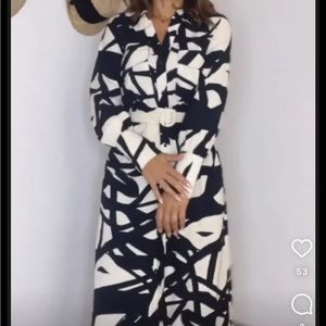 Zara Black and White Abstract Print Belted Shirt Dress